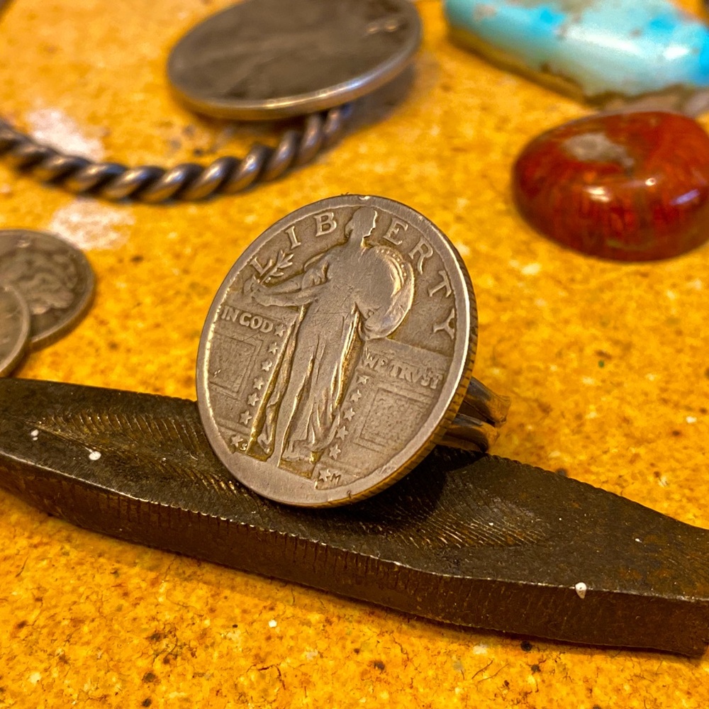 Standing Liberty Silver Quarter Ring With Sterling Silver Hand Stamped Band.